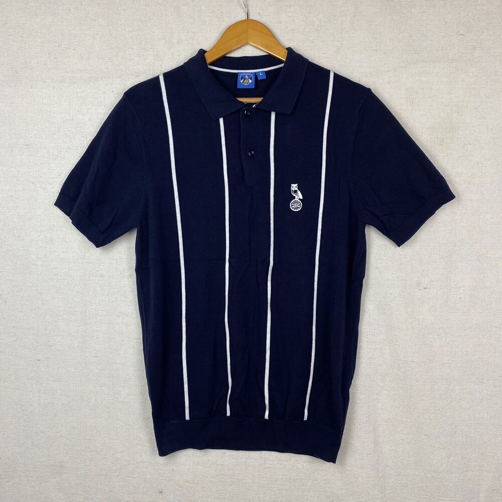 NWOT OLDHAM ATHLETIC Polo Shirt Black White Vertical Striped Football Mens Large